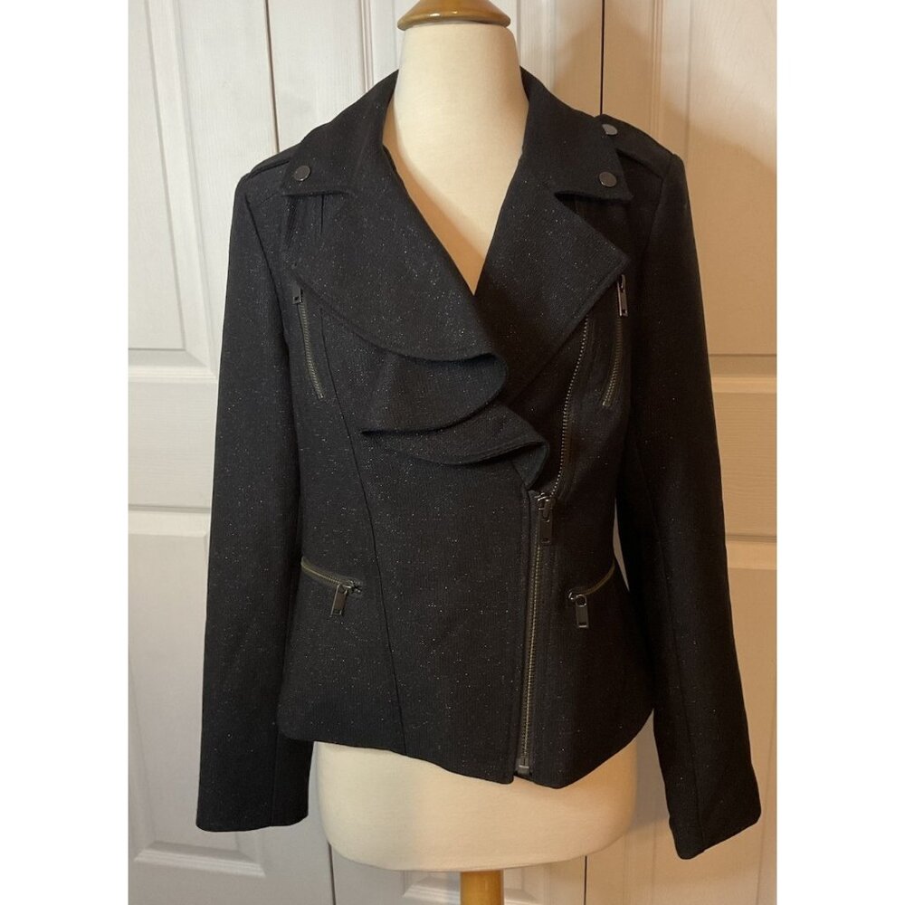 Banana Republic‎ Black Ruffle Metallic Moto Jacket Blazer Size 8
